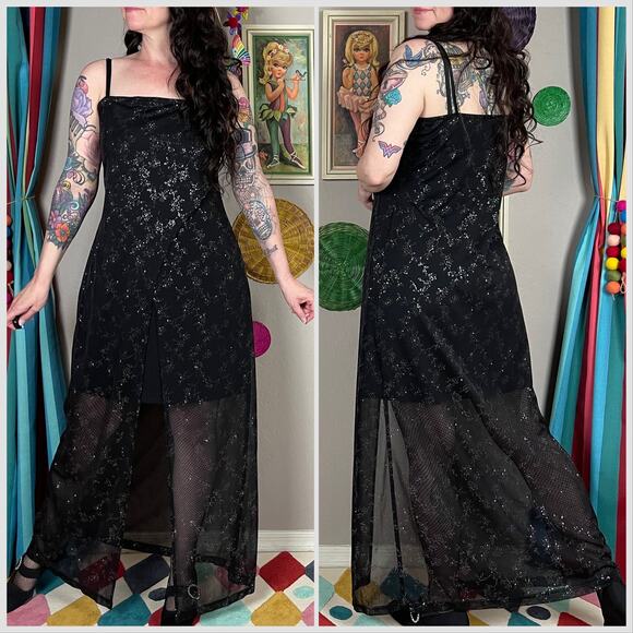 Vintage Y2K Black and Silver Glitter Sheer Mesh Slip Dress - Picture 4 of 7